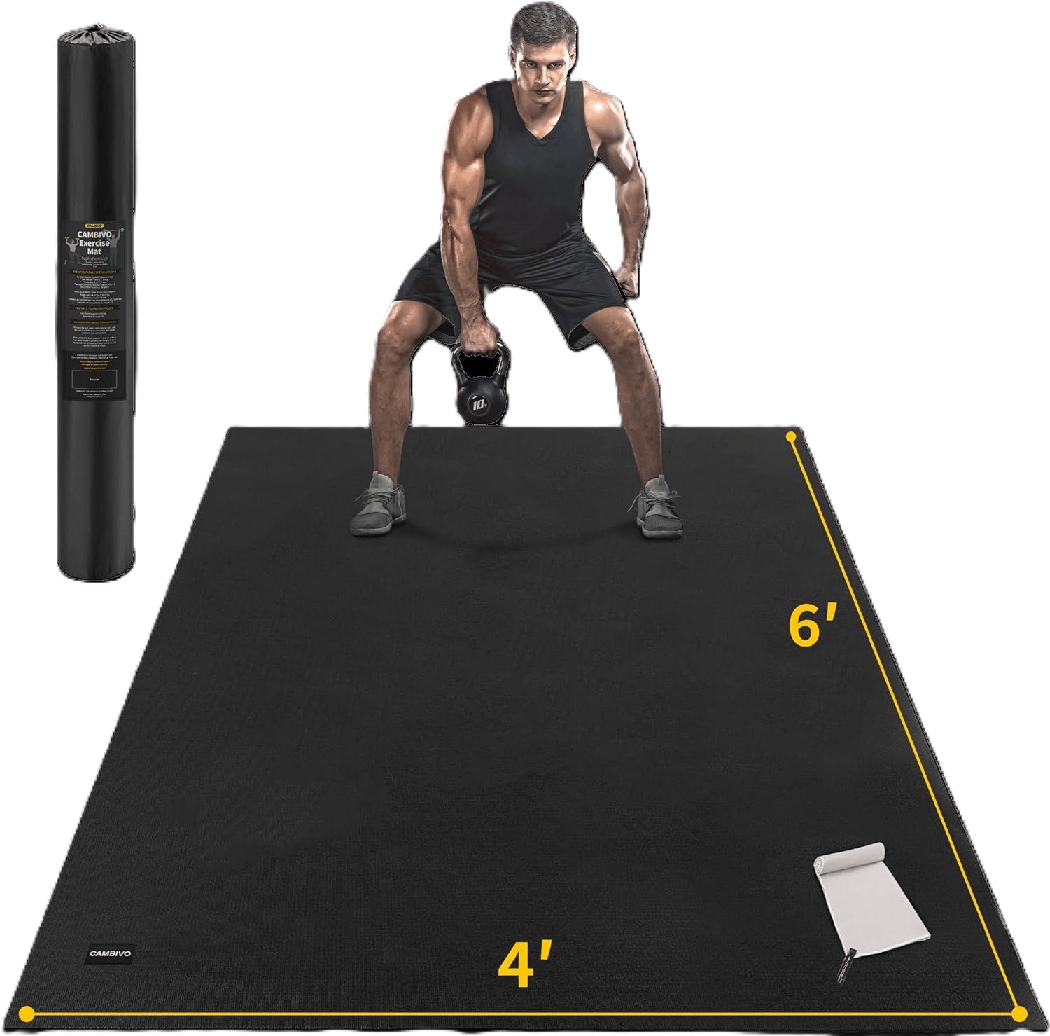 CAMBIVO Large Exercise Mat, 6 feet by 4 feet, 7mm thick black PVC with non-slip surface