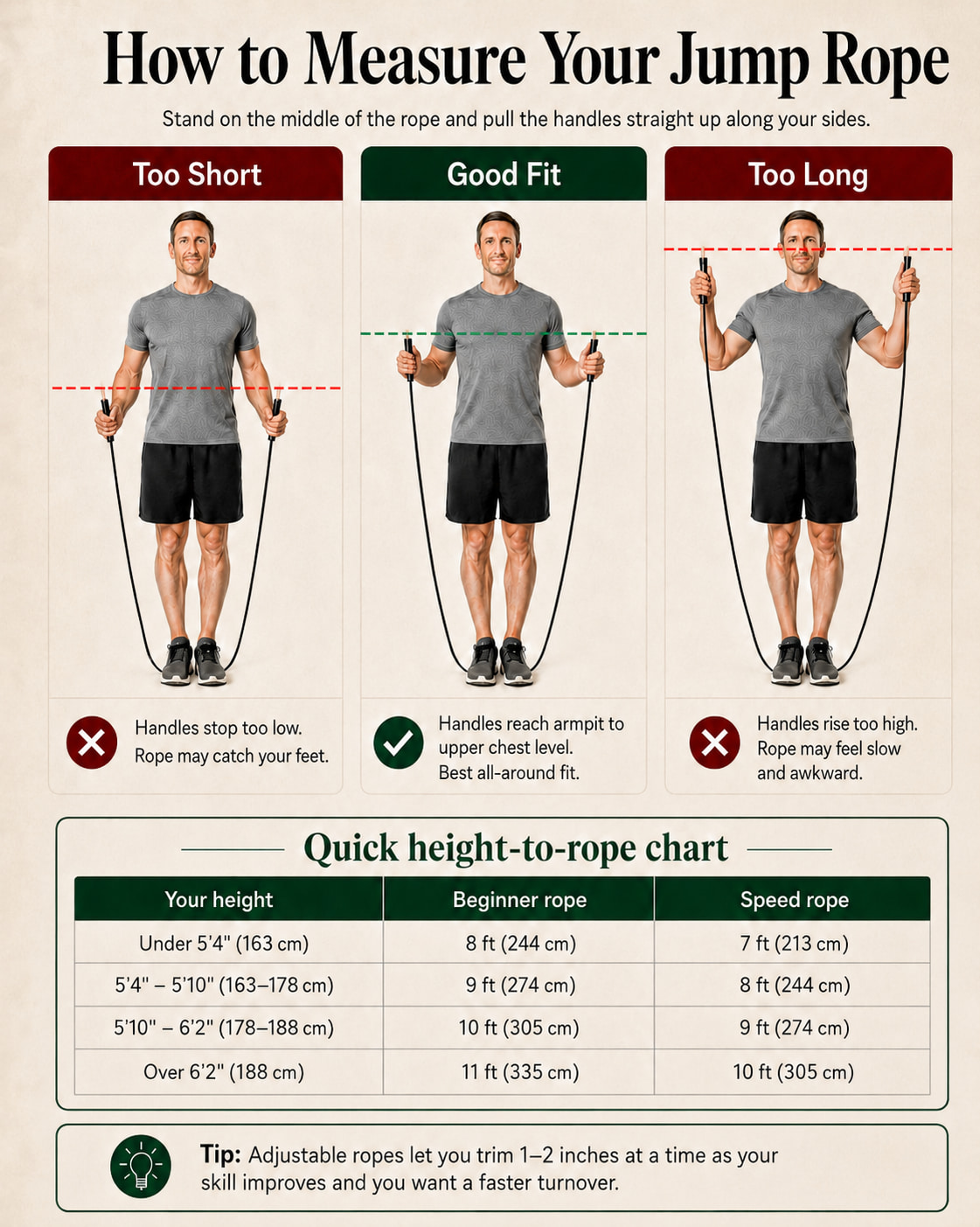 How to measure your jump rope — infographic showing too short, good fit, and too long positions with a height-to-rope sizing chart